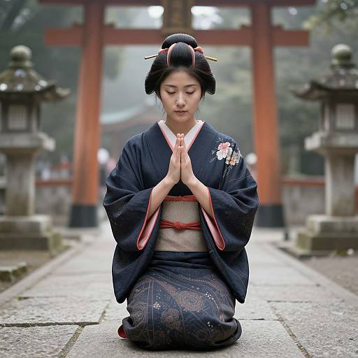 Photograph of a young Japanese woman in a navy kimono, kneeling with hands in prayer, in front of a traditional Shinto torii gate.