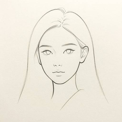 Minimalist black-and-white line drawing of a young woman with long straight hair, almond-shaped eyes, and a neutral expression.
