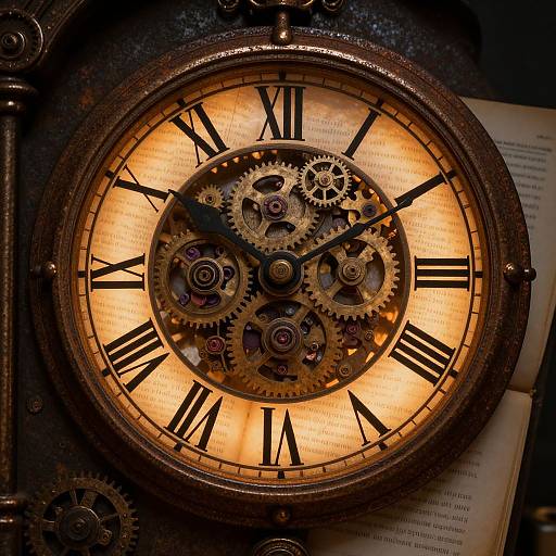 Steampunk clock with glowing orange face, black Roman numerals, exposed gears, and purple cogs, set on an open book. Photographic