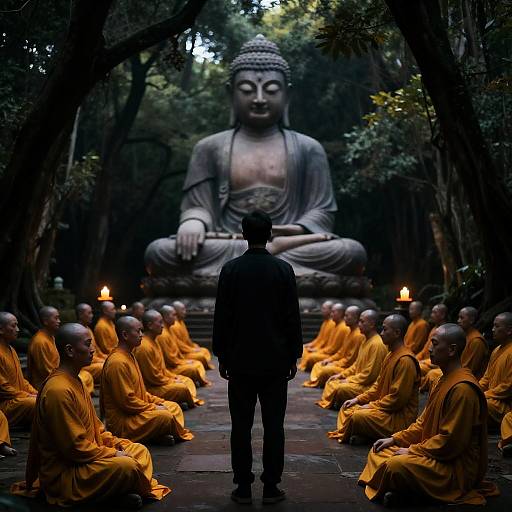 Enigmatic Buddha in a Dark Forest