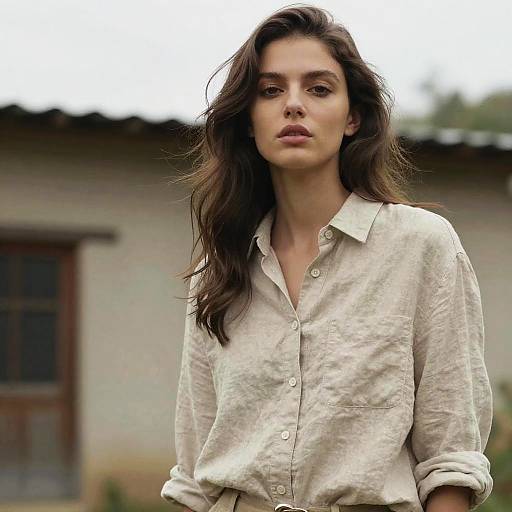 Photograph of a serious, attractive woman with long brown hair, wearing a loose, beige linen shirt, standing outdoors against a blurred building.