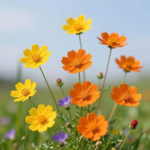 Photograph of vibrant orange and yellow cosmos flowers with a few purple ones, set against a clear blue sky and green field background.
