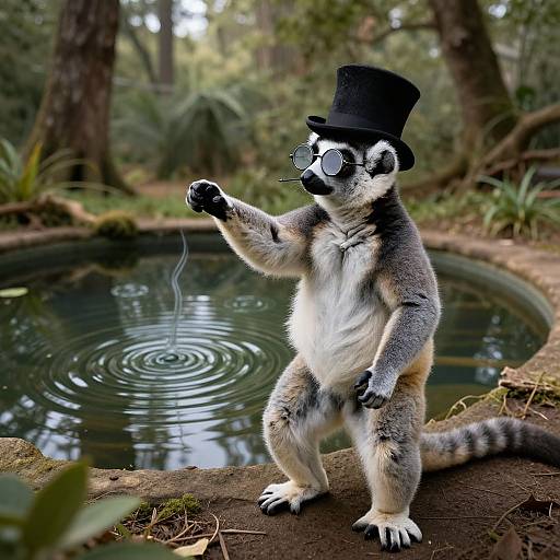 Photograph of a lemur standing by a forest pond, wearing a black top hat and round glasses, making water splash with its paw.