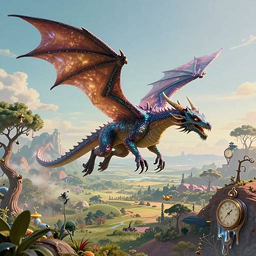 Digital fantasy artwork of a vibrant, blue-and-red dragon soaring over a whimsical, sunlit countryside with rolling hills, trees, and a large clock