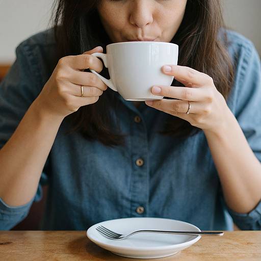 Photograph of a woman with medium brown skin, dark hair, wearing a blue denim shirt, sipping from a white cup, with a matching sa