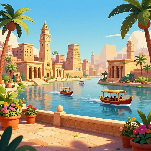 Bright, digital cartoon of a sunny, Arabian-style city with blue water, palm trees, flower pots, and small boats on a serene canal.