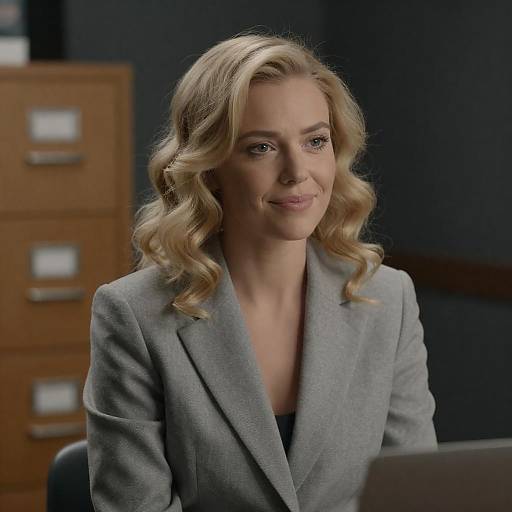 Blonde Woman in Gray Blazer in Office