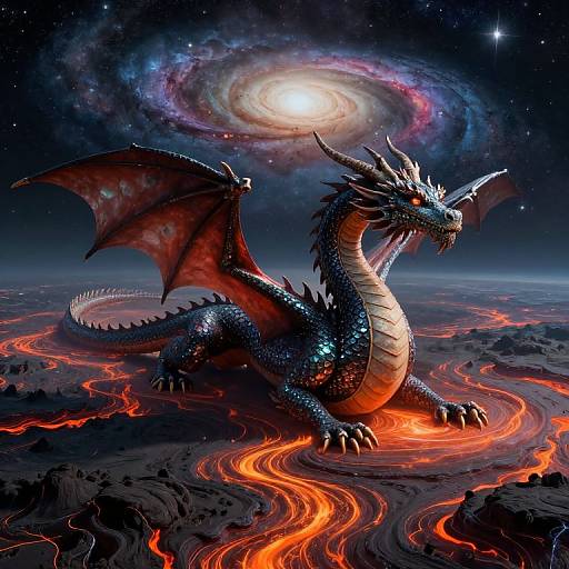 Digital artwork of a fierce, blue-scaled dragon with red wings, sitting on a glowing, molten lava landscape under a swirling galaxy.