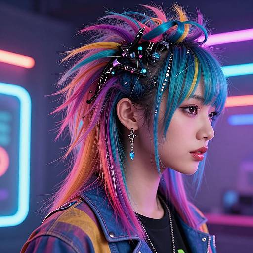Digital portrait of an Asian woman with vibrant, multicolored hair, neon lights, cyberpunk accessories, and a denim jacket, set in a glowing
