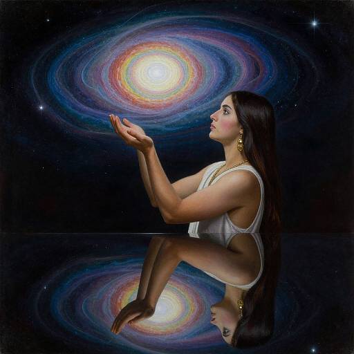 Photograph-style digital artwork of a woman with long dark hair, white tank top, gold earrings, kneeling, hands open, gazing at colorful galaxy