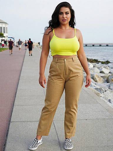 Photograph of a curvy woman with long dark hair, wearing a bright yellow tank top, high-waisted tan pants, and black-and-white