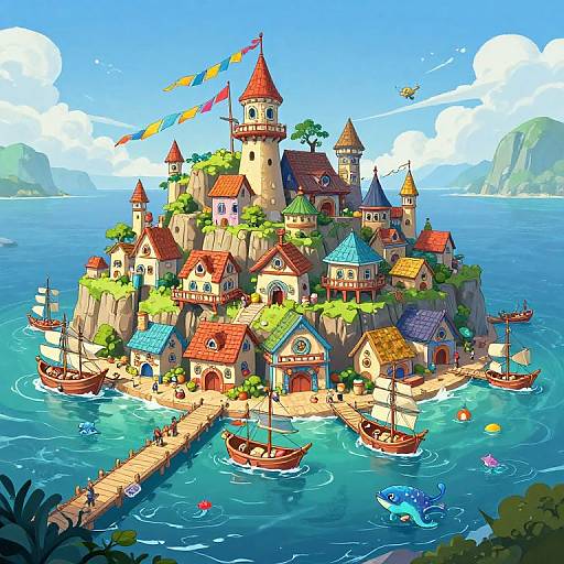 Bright, colorful digital illustration of a whimsical island castle with red roofs, surrounded by boats, a pier, and vibrant blue water.