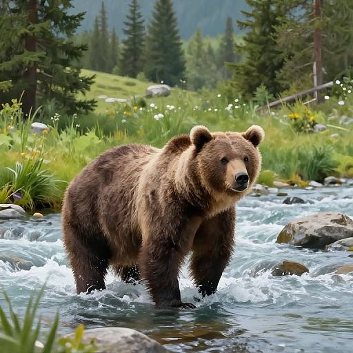 Powerful Brown Bear in Mountain Stream