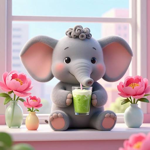 Cute 3D CGI baby elephant with gray fur, holding green drink, sitting on windowsill with pink peonies, bright sunlight.