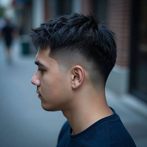 Photograph of a young Asian man with short, spiked black hair, side profile, close-cropped sides, wearing a black shirt, urban street background