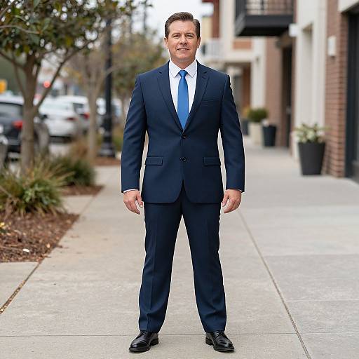 Photograph of a middle-aged white man with short brown hair, wearing a dark navy suit, white shirt, and blue tie, standing on a city