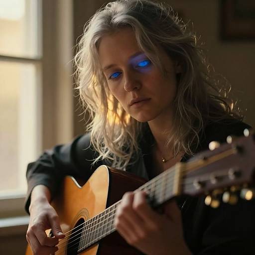 Photograph of a pale-skinned woman with wavy, blonde hair playing an acoustic guitar, illuminated by blue eye glow, in a dimly lit