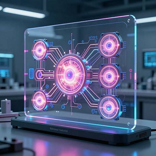 Photorealistic digital image of a neon-lit, futuristic circuit board display with five glowing, pink and blue circular LEDs on a sleek, illuminated platform