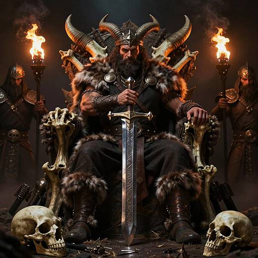 Digital artwork of a muscular, horned demon king with a sword, fur robe, and skulls, seated on a throne with flaming torches.