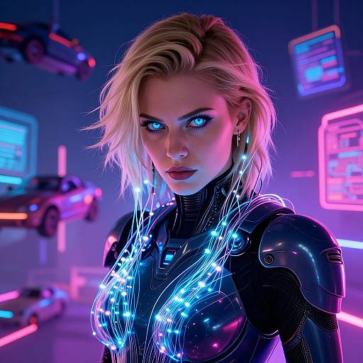 Neon-lit cyberpunk scene: Blonde woman with blue glowing eyes and illuminated black latex suit, futuristic city background with flying cars. Photorealistic