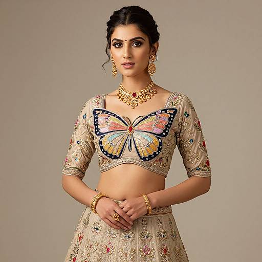 Elegant Woman in Embroidered Butterfly Lehenga