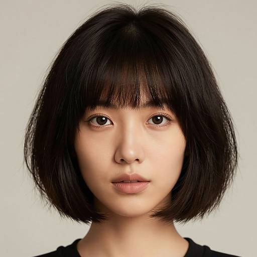 Photograph of an East Asian woman with straight, black, shoulder-length bob haircut, bangs covering her forehead, and neutral expression, against a plain