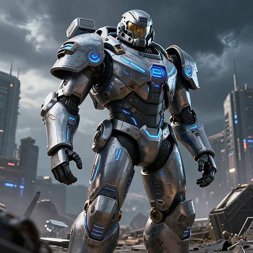 Photorealistic CGI of a muscular, silver-armored, futuristic soldier with glowing blue accents, standing in a stormy, ruined cityscape.