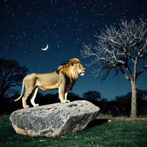 Lion Standing on Rock Under Starry Night Sky