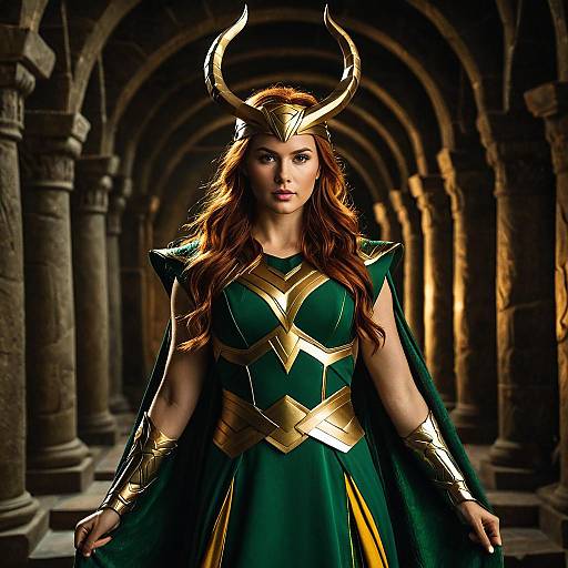 Woman in Loki-Inspired Green and Gold Costume