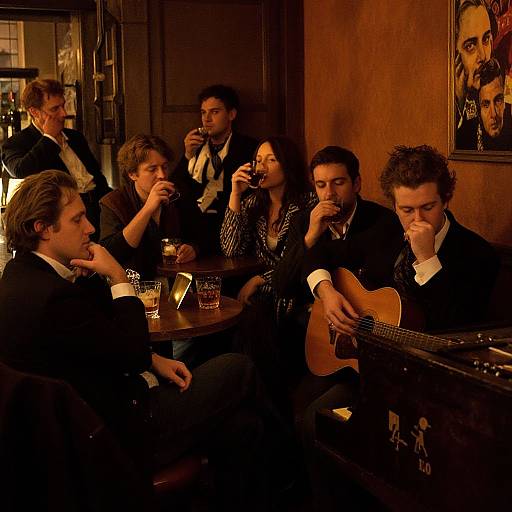 Photograph of six people in a dimly lit, vintage-style bar. Five men in suits and one woman with long dark hair, drinking and playing