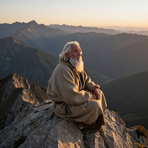 Elderly Hermit on Mountain Peak at Sunrise