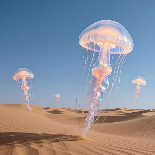 Photograph of glowing jellyfish floating above sandy desert dunes under a clear blue sky, with four jellyfish visible.