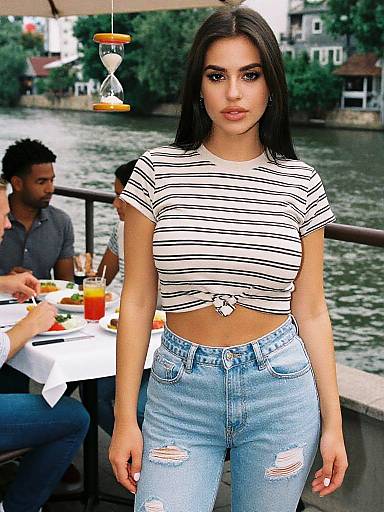 Photograph of a young woman with long black hair, wearing a white striped crop top and distressed blue jeans, standing by a riverside restaurant. Background