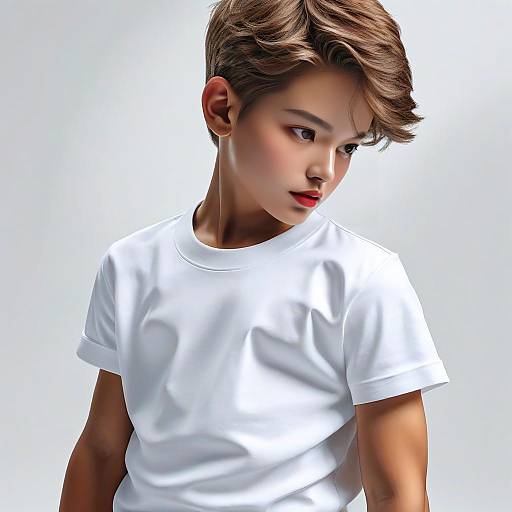 Photorealistic digital portrait of a young Asian boy with short, styled brown hair, wearing a plain white t-shirt, looking to the side with a