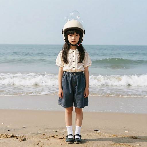 Photograph of an Asian girl with long black hair, wearing a white helmet, white polka-dot shirt, dark blue shorts, white socks, and