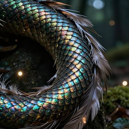 Close-up photograph of a shimmering, iridescent dragon-like scales with blue, green, and yellow hues, adorned with white feathers, in a