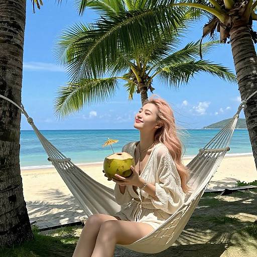 Photograph of a smiling woman with pink hair in a white dress, sitting in a white hammock, holding a green coconut under two palm trees on