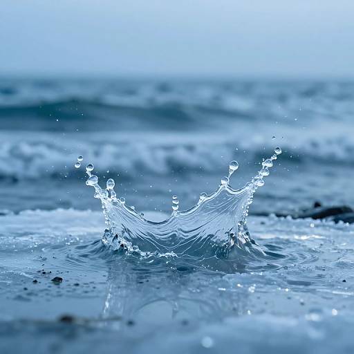 Photograph of a water droplet splashing in the ocean, capturing a dynamic, crystalline spray against a blurred, blue-toned horizon.