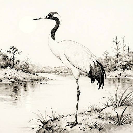 Intricate Pen and Ink Crane Scene