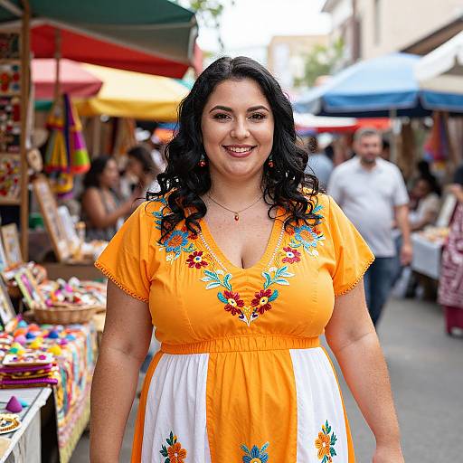 Photograph of a smiling, curvy woman with dark curly hair, wearing an orange dress with floral embroidery, standing in a vibrant outdoor market.