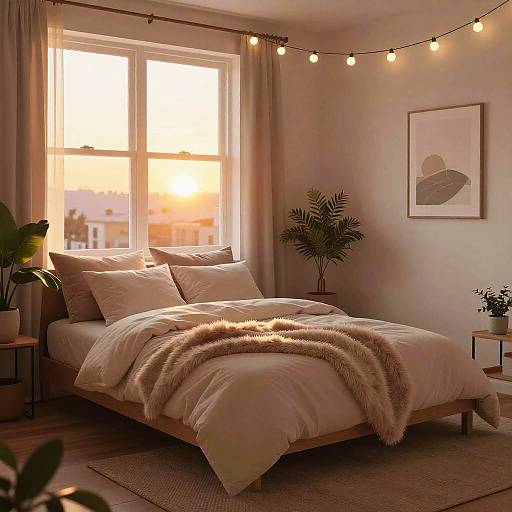 Cozy bedroom photograph: Sunlit window, string lights, beige bed with fluffy blanket, two potted plants, minimalist art, soft textures.