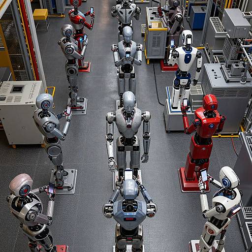 Photograph of a robotic factory floor featuring multiple metallic robots in various positions, colors (silver, red, white), and stages, with industrial equipment and