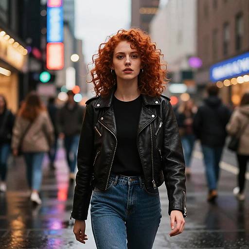 Photograph of a confident red-haired woman with curly hair, wearing a black leather jacket and blue jeans, walking down a rainy, brightly lit city street