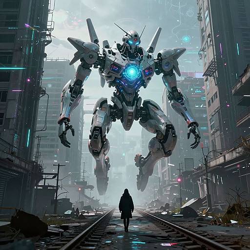 Digital art: Giant white mecha with glowing blue eyes looms over a lone figure on a desolate, futuristic city street.