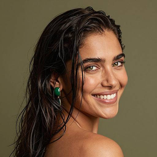 Smiling Woman with Wet Hair and Green Earrings