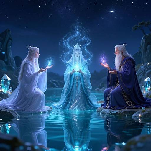 Magical night scene: two white-haired, robed wizards with glowing blue crystals and ethereal water creature in illuminated, starry lake.