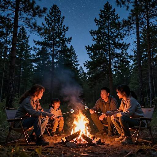 Family Campfire Under Starry Pines