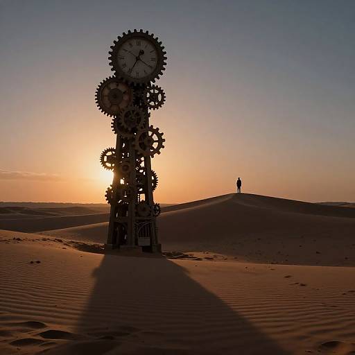 Photograph of a sunset over a desert with silhouetted large gear clock on sand dunes, and a lone figure standing atop a dune