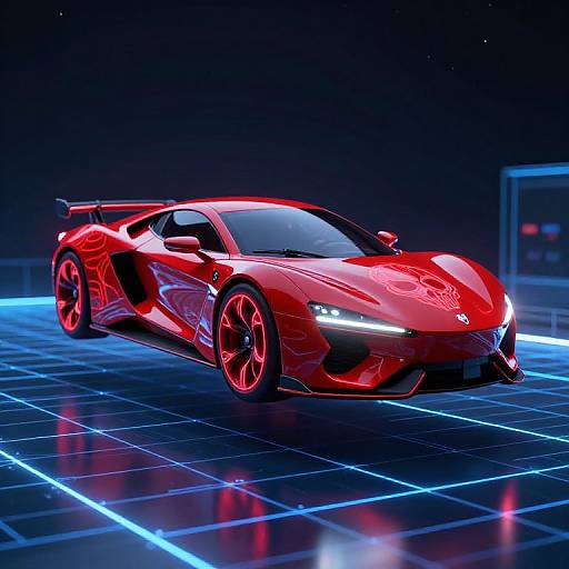 Photorealistic CGI of a sleek, red sports car with LED headlights, glowing red rims, and a large rear spoiler, set on a neon-l