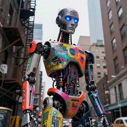 Photograph of a brightly colored, cybernetic humanoid robot with glowing blue eyes, standing in a city alleyway with tall buildings.